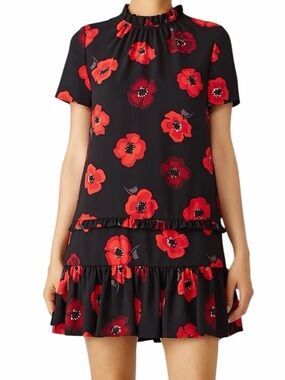 KATE SPADE NEW YORK Black Poppy Mini Dress Ruffle Shift Floral Size M